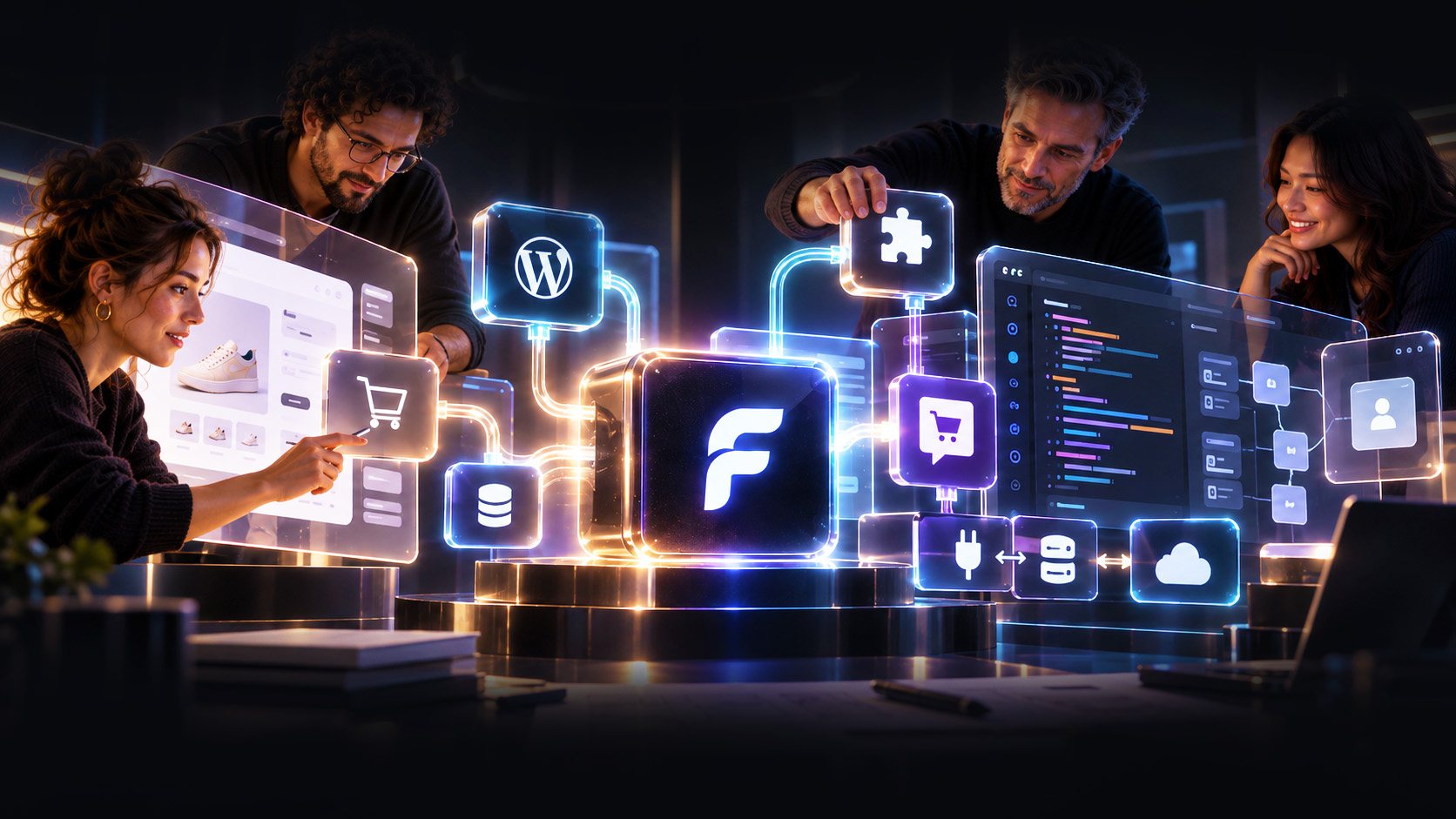 A FLAVOR team gathered around a holographic build table, wiring WordPress, WooCommerce, database and cloud modules into one custom plugin.