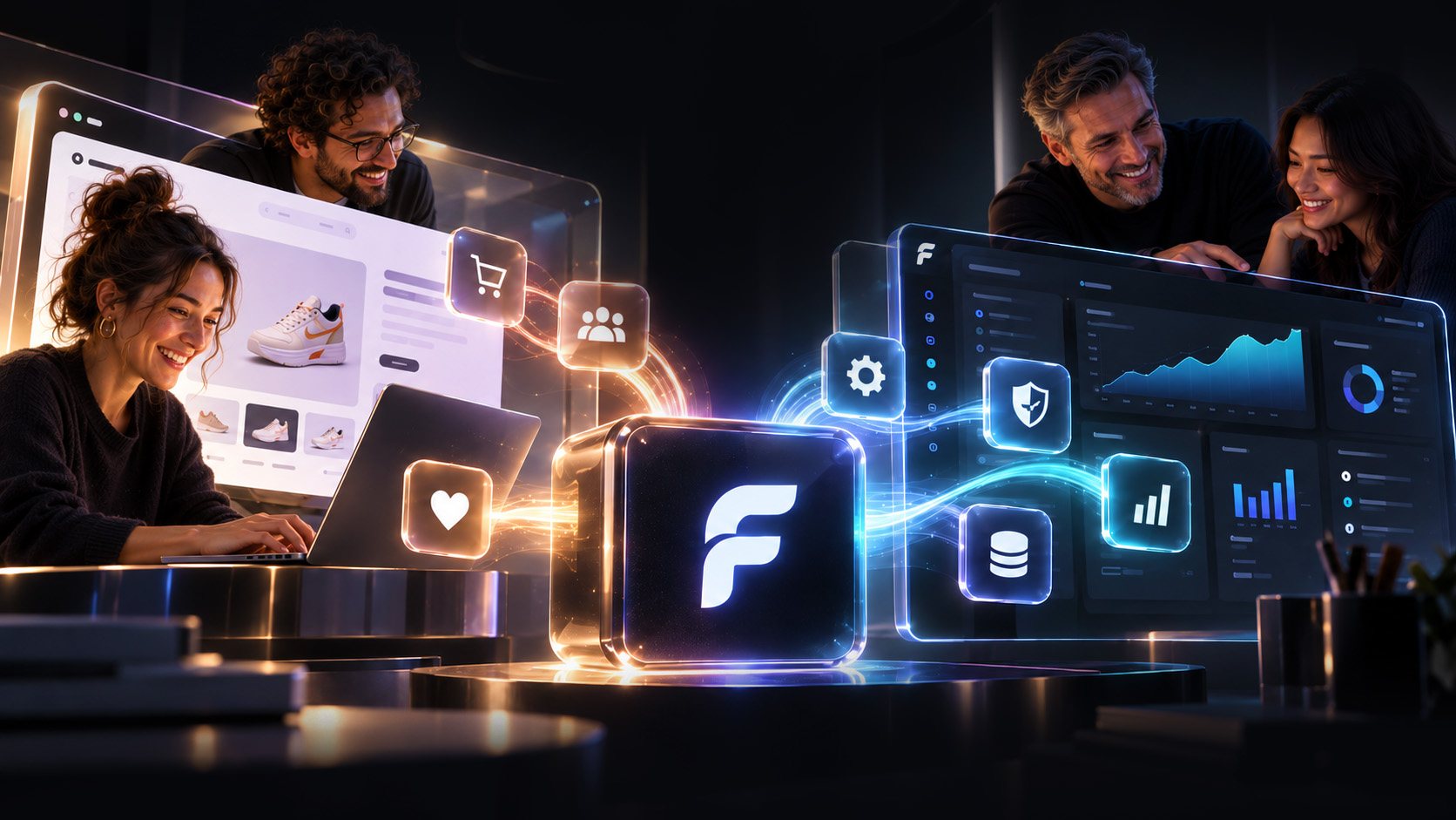 The FLAVOR team working together — a storefront on one screen, an analytics dashboard on the other, the FLAVOR core glowing between them.